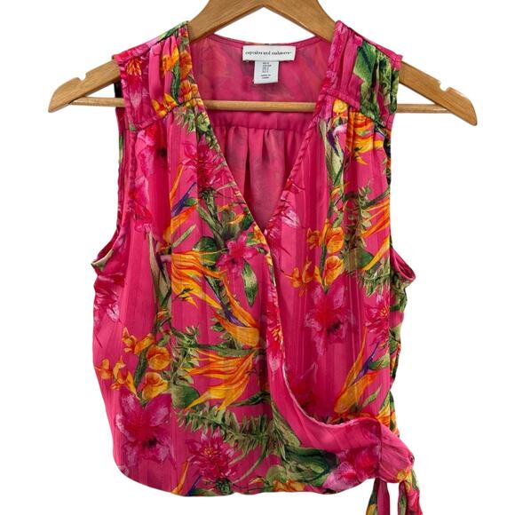 Cupcakes and Cashmere Hot Pink Metallic Detail Tropical Floral Faux Wrap Top S - Picture 2 of 9
